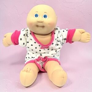 VTG 80s Cabbage Patch Kids Preemie Doll Bald Blue Eyes Polka Dot Onesie CPK 1984